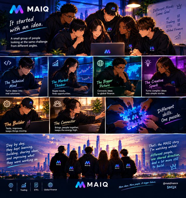 A promotional graphic for MAIQ shows a team of people working together, featuring sections labeled 'The Technical Mind', 'The Market Thinker', 'The Bigger Picture', 'The Creative Spark', 'The Builder', and 'The Connector'.
