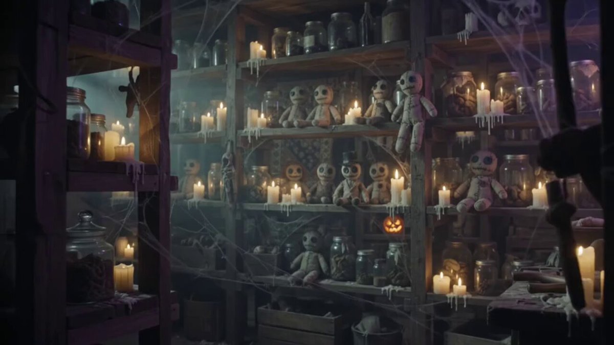 The image features a room filled with shelves of dolls, some of which are carved from wood and others made of fabric. There are at least 13 dolls visible in the scene, each one unique in its design and size. The room appears to be a workshop or storage area for these dolls, as there is also an assortment of jars and bottles scattered throughout the space. A few candles can be seen on some of the shelves, adding to the overall atmosphere of the room. The post seems to be discussing the process of how these dolls were stitched shut and buried in a rug, with the phrase "They stitched us shut. They buried us in the rug. We came back." implying that the dolls have been intentionally sealed off or buried by someone else.