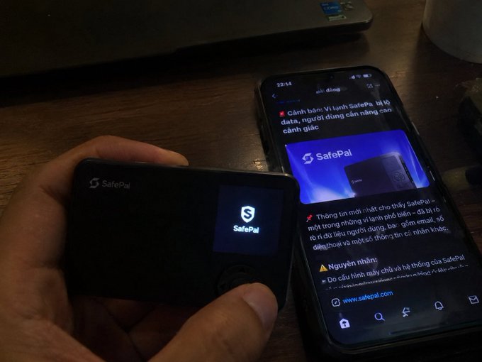 A hand holds a SafePal hardware wallet displaying its logo, positioned next to a smartphone showing a Vietnamese-language article about SafePal's SafePal S1.