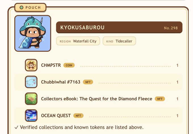 A screenshot of a "POUCH" displaying wallet holdings for user "KYOKUSABUROU" (No.298) from Waterfall City, showing a "Tidecaller" character alongside items including CHMPSTR coin, Chubbiwhal #7163 NFT, Collectors eBook: The Quest for the Diamond Fleece NFT, and OCEAN QUEST NFT. The image supports the post's mention of acquiring a "narwhal" (Chubbiwhal NFT) as a companion to their Chimpers (CHMPSTR) token.