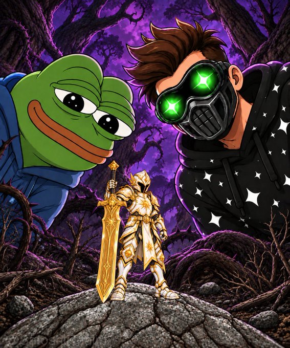 An illustrated image features a green Pepe the Frog character on the left and a figure wearing a mask with glowing green star-shaped eyes on the right, with a golden armored knight holding a sword standing between them in a dark, purple-hued forest setting.
