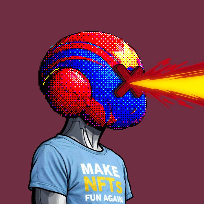 A digital illustration of a figure with a colorful pixelated brain head breathing fire, wearing a blue t-shirt that reads "MAKE NFTs FUN AGAIN".