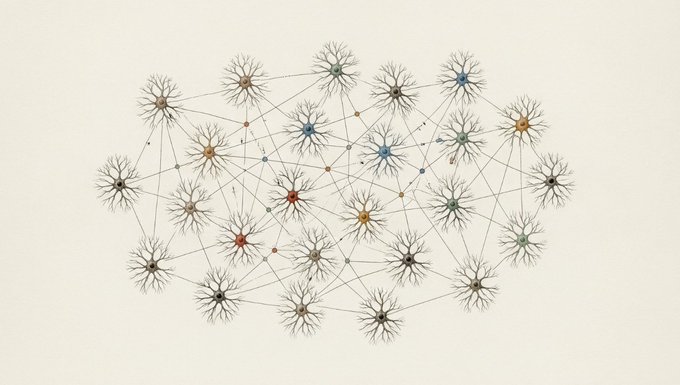 An illustration depicting a network of neurons with colorful central nodes connected by thin lines.