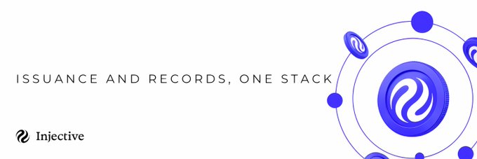 The image is a promotional banner featuring the text "ISSUANCE AND RECORDS, ONE STACK" alongside the Injective logo and a stylized atomic/molecular graphic in blue. It visually represents Injective's positioning as a unified blockchain solution for asset issuance and record-keeping, complementing the post's announcement about its SEC transfer-agent registration.