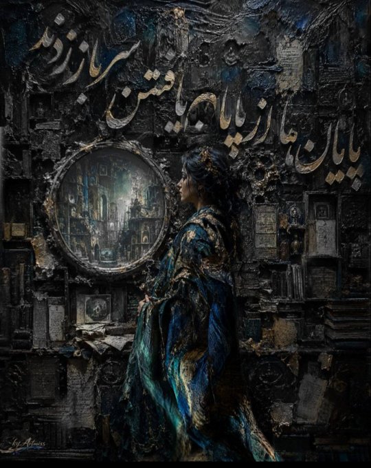 A dark, textured painting depicts a woman in an elaborate blue and gold dress standing before a wall filled with small, framed pictures and Persian calligraphy, with a large circular mirror reflecting a city scene.
