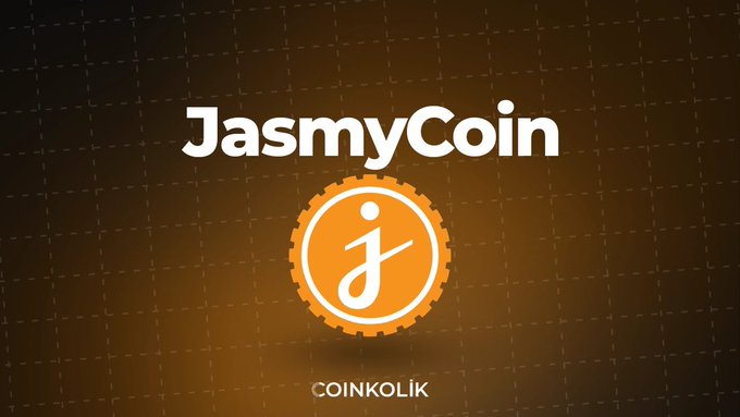 The image displays "JasmyCoin" branding with the coin's orange "j" logo on a dark brown grid background, credited to "COINKOLIK." It relates to the post by showcasing the $JASMY token's visual identity, reinforcing the user's contrarian sentiment about buying during a price crash to ATL (all-time low).