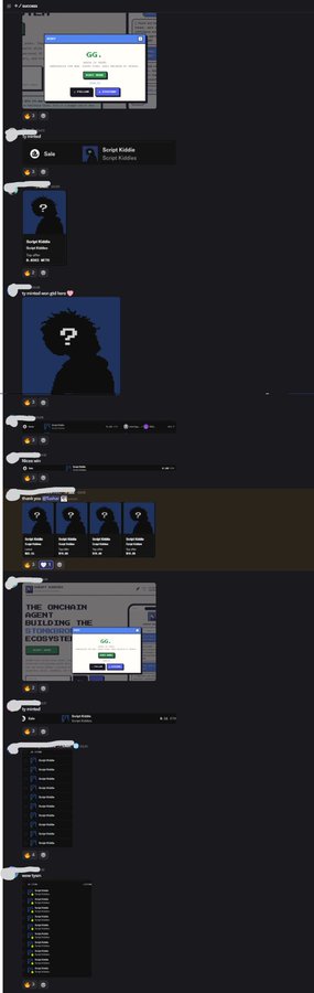 A series of Discord screenshots showcasing a collaboration between "Script Kiddies" and "Minted NFTs," highlighting a "GG" mint completion screen, role assignments, NFT galleries featuring dark silhouetted character art, promotional text reading "THE ONCHAIN AGENT BUILDING THE PERMANENT ECOSYSTEM," and multiple raffle winners lists with numbered entries, celebrating a successful mint event with 120 guaranteed winners.