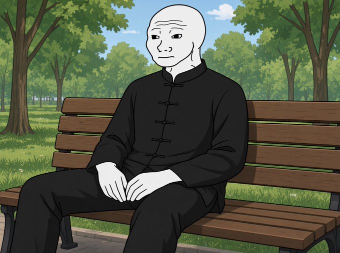 A digital illustration of a pale, bald figure wearing a black traditional Chinese-style suit, seated on a park bench with green trees in the background.
