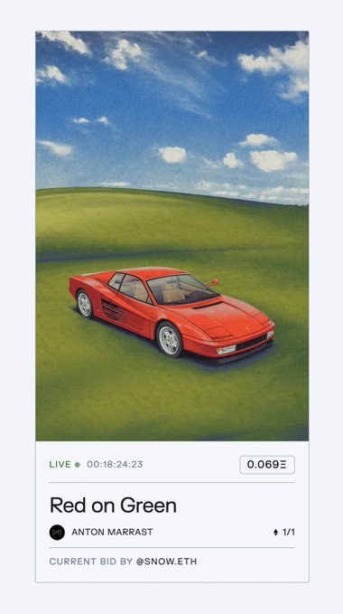NFT auction card titled "Red on Green" by ANTON MARRAST, depicting a red Ferrari Testarossa parked on green grass under a blue sky, with a live timer (00:18:24:23), current bid of 0.069Ξ, and "1/1" edition mark.