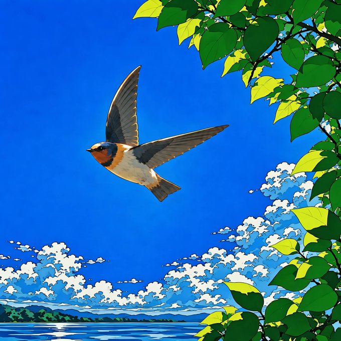A digital illustration depicts a barn swallow in mid-flight against a bright blue sky with white clouds, framed by green leaves in the foreground.