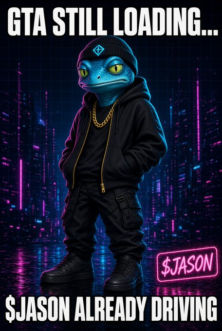 A stylized meme image of an anthropomorphic blue lizard wearing a black beanie, gold chain, and dark outfit against a neon cyberpunk cityscape, with text reading 'GTA STILL LOADING...' at the top, '$JASON' in a neon box, and '$JASON ALREADY DRIVING' at the bottom.