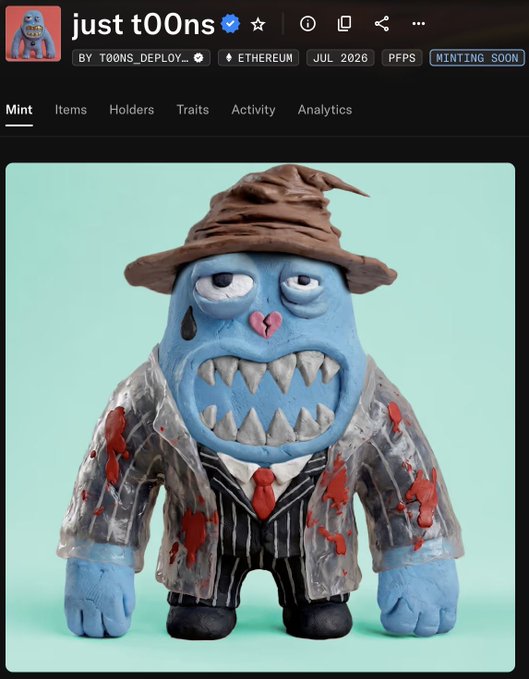 An NFT minting page on Ethereum from collection 'just t00ns' by t00ns_deployer, scheduled for July 2026, featuring a claymation-style blue monster character in a blood-splattered pinstripe suit and wizard hat.
