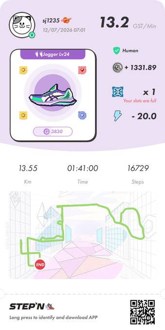 A STEPN app screenshot displays a 'Jogger Lv.24' virtual sneaker NFT with stats like 13.55 Km, 01:41:00 Time, and 16729 Steps, earning 13.2 GST/Min.