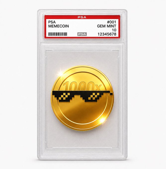 A PSA-graded 'MEMECOIN' in a Gem Mint 10 slab, featuring a gold coin design with pixelated 'deal with it' sunglasses and '1000x' text.