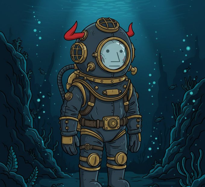 A cartoon illustration of a vintage deep-sea diver in a brass and black diving suit with red horns on the helmet, standing in an underwater environment with coral and fish.