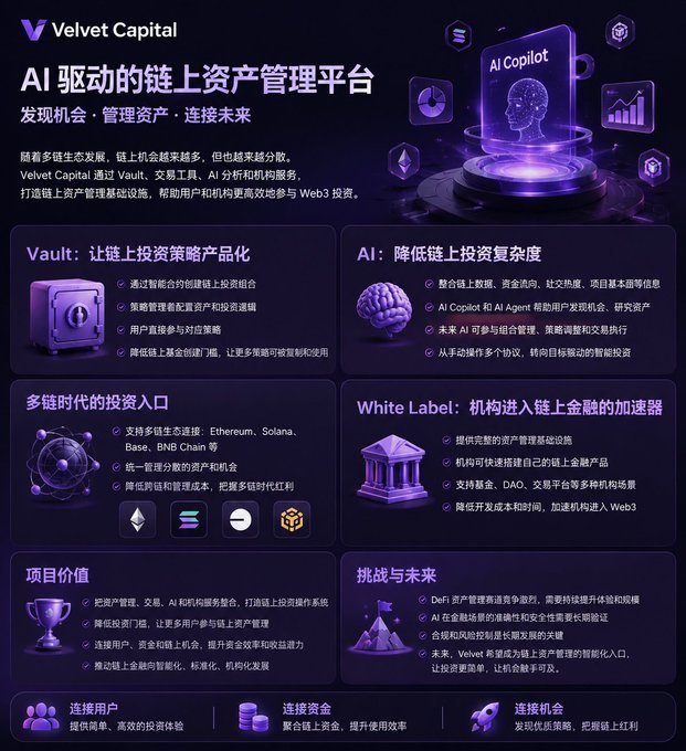 The image is a promotional infographic for **Velvet Capital**, an AI-driven on-chain asset management platform, featuring its "AI Copilot" mascot and highlighting key features like AI Copilot for investment strategies, AI-driven analysis, multi-chain support (Ethereum, Solana, Base, BNB Chain), and White Label solutions for institutional access to Web3.