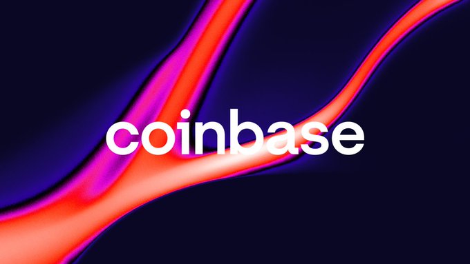 A promotional banner featuring the Coinbase logo in white text against a dark background with flowing red and pink neon waves.