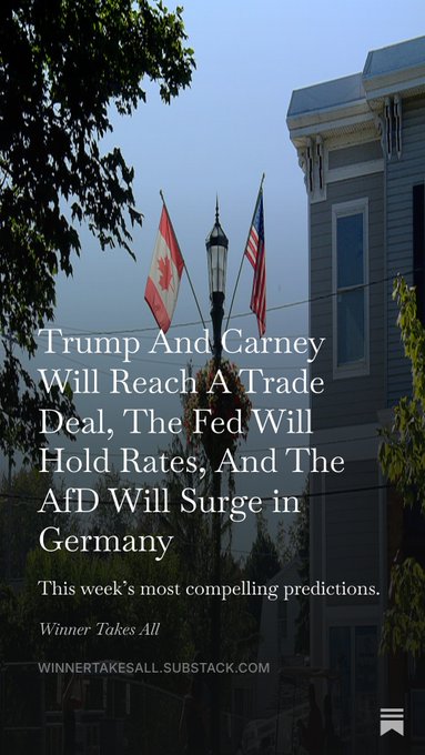 A Substack newsletter cover from 'Winner Takes All' featuring predictions: 'Trump And Carney Will Reach A Trade Deal, The Fed Will Hold Rates, And The AfD Will Surge in Germany,' with Canadian and U.S. flags in the background.