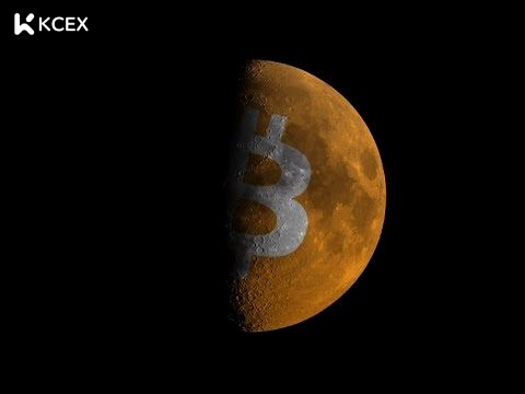 A half moon image with a Bitcoin "B" logo overlaid on it, with "KCEX" branding in the upper left corner against a dark background.