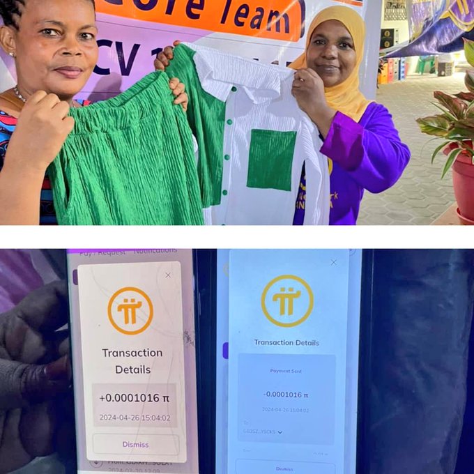 Two women proudly display green and white Pi Network branded t-shirts while transaction screenshots confirm a Pi cryptocurrency payment of +0.0001016 π dated 2024-04-26, illustrating a real-world Pi Network commerce use case that aligns with the post's message about Pi Network's growing adoption through operational partnerships like WisdomTree Prime in Web3 and money market applications.