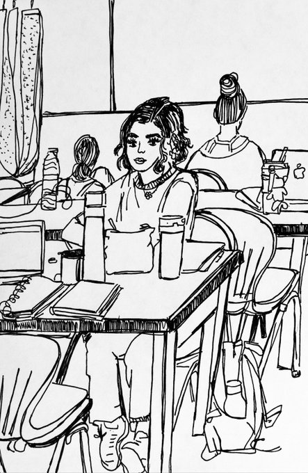 A black and white sketch depicts a young woman with dark hair sitting at a café table holding a cup, with other patrons visible in the background.