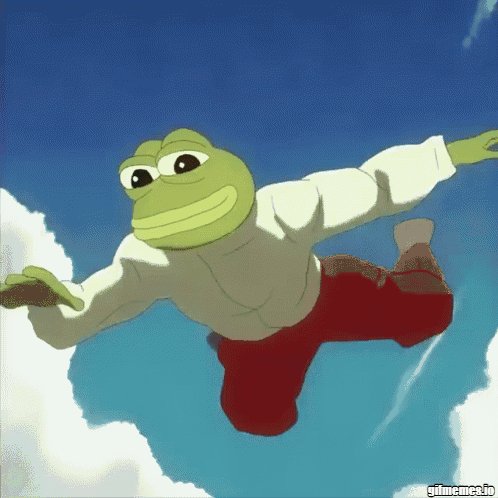 The image features a cartoon frog with green skin, wearing a white shirt and red pants, flying through the air against a blue sky filled with clouds. The caption below the image reads "GN $PEPE Fam See you tomorrow".