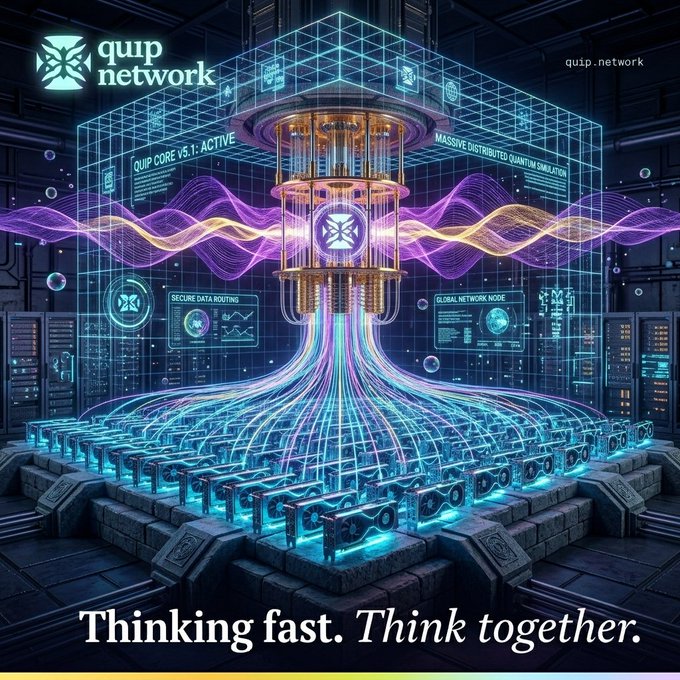 The image features an advertisement for Quip Network, which promotes the idea of thinking fast and working together. The advertisement showcases a futuristic scene with a large machine surrounded by blue and purple lights, resembling a fusion reaction or a complex network of wires. This visual representation emphasizes the importance of collaboration and innovation in today's rapidly advancing technological landscape.