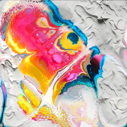 An abstract digital artwork featuring vibrant swirls and blobs of pink, yellow, and blue paint-like shapes against a textured, wrinkled white background.