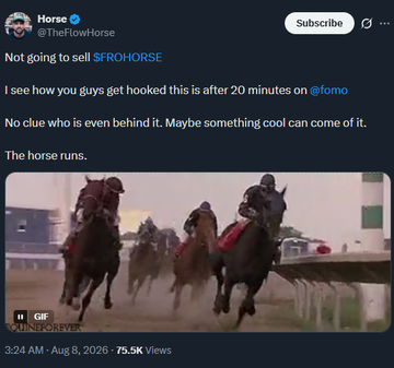 A tweet from @TheFlowHorse displays a GIF of horses racing on a track with the caption "Not going to sell $FROHOUSE. I see how you guys get hooked this is after 20 minutes on @fomo. No clue who is even behind it. Maybe something cool can come off it. The horse runs." The post has 75.5K views and is dated August 8, 2026, relating to the comment about lasting 2 hours through the imagery of horses running.
