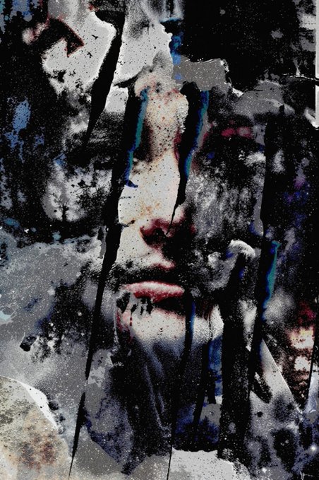 A dark, textured, and stylized artwork resembling a poster of a face, featuring heavy black and white contrast with splashes of red, blue, and gray.