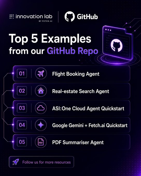 The image features a purple background with white text, which displays five examples of top five ejemplos from our GitHub Repo. The examples include flight booking agents, real estate search agents, and quick starter services for the Github Repo.