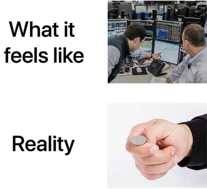 A meme image with text "What it feels like" above a photo of traders working at multiple monitors, and "Reality" above a photo of a hand flipping a coin, humorously illustrating how memecoin trading is essentially gambling despite seeming like sophisticated financial analysis.