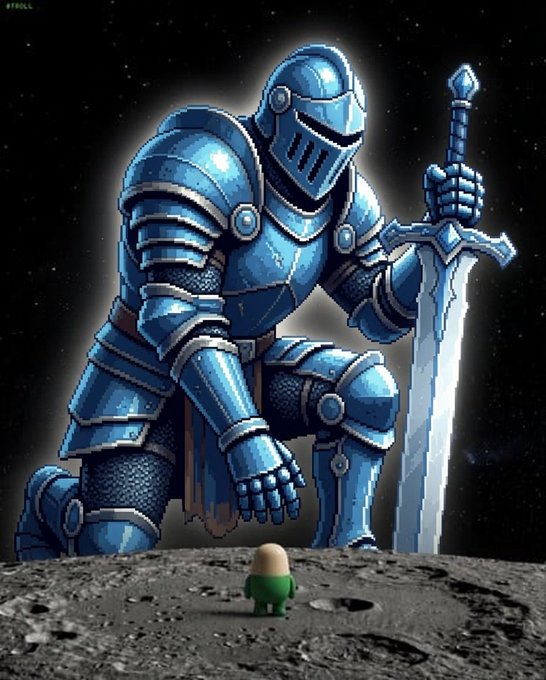 A pixel art illustration of a large blue armored knight kneeling with a sword, facing a tiny green creature resembling Keroppi on a moon-like surface against a starry background.