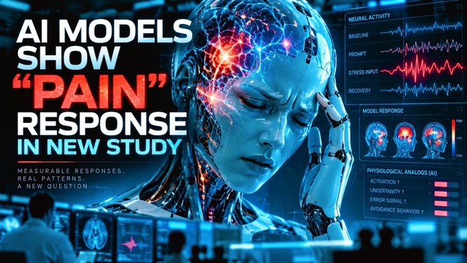 A news graphic headline reads "AI MODELS SHOW 'PAIN' RESPONSE IN NEW STUDY" featuring a cyborg-like female figure with visible mechanical parts and digital brain activity displays.