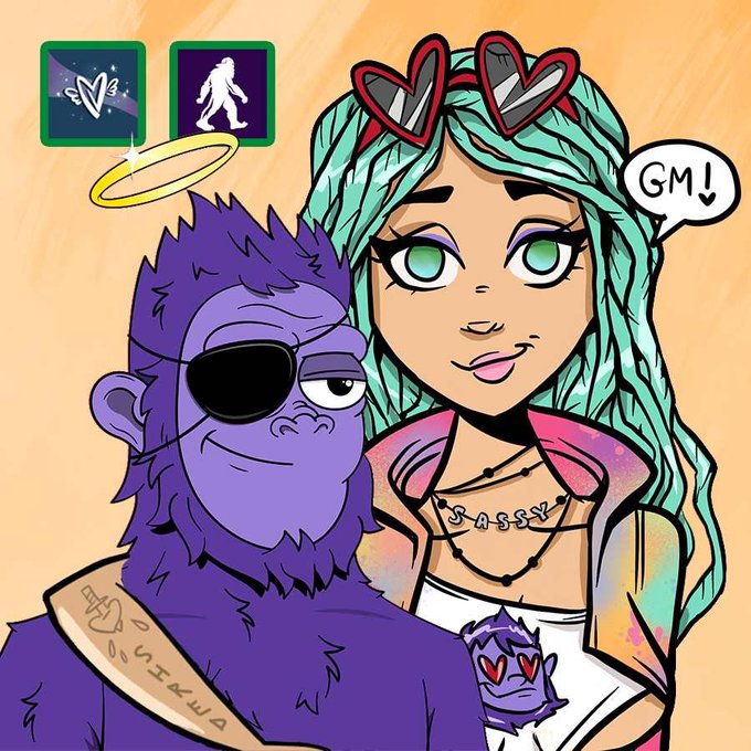 A cartoon-style illustration featuring a purple gorilla with an eyepatch and a golden halo alongside a woman with teal braided hair, red heart sunglasses, and a necklace reading 'SASSY', with a speech bubble saying 'GM!'.