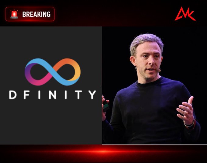A "BREAKING" news banner overlays a split image, showing the DFINITY logo on the left and a man speaking on stage on the right, likely Dominic Williams, as the accompanying text highlights Caffeine and Motoko technology from DFINITY.