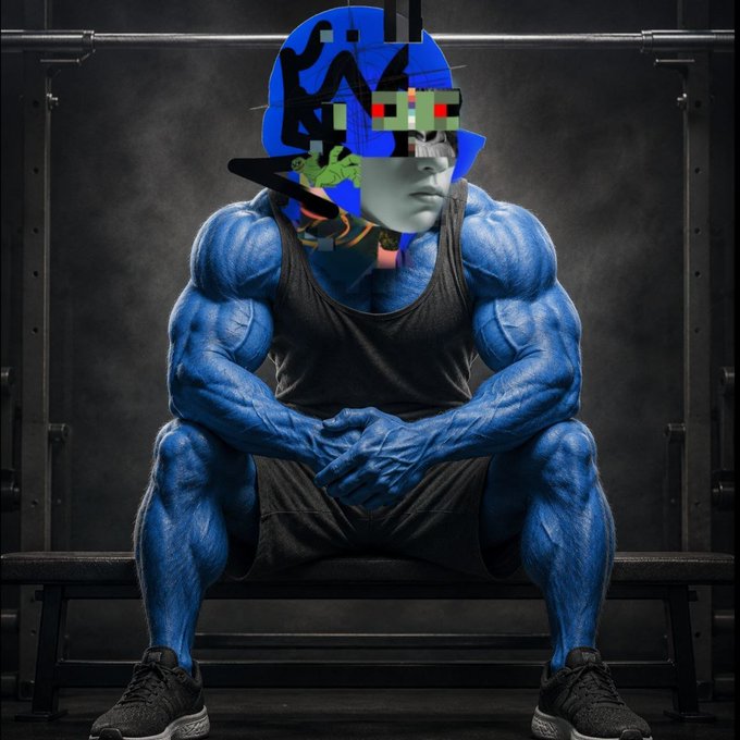 A muscular, blue-skinned figure in a black tank top sitting in a gym, with a glitchy, pixelated head featuring abstract graphics in blue, black, and green.