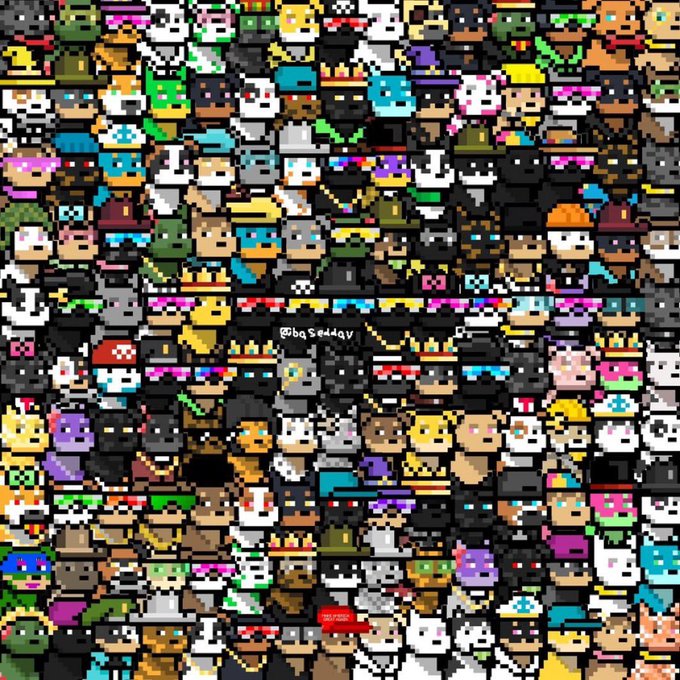 A dense grid of small pixel art characters in various colors and costumes, with the watermark '@bg_sedagv' visible in the center.