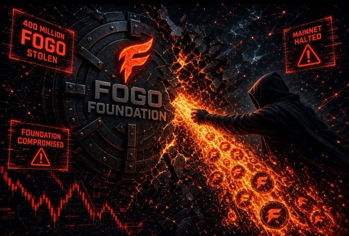 Dramatic illustration showing a hooded figure siphoning lava-like tokens from a vault labeled 'FOGO Foundation,' with warning alerts reading '400 MILLION FOGO STOLEN,' 'MAINNET HALTED,' and 'FOUNDATION COMPROMISED.'