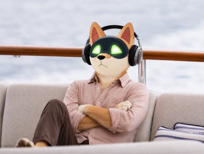 A figure in a Shiba Inu mask with glowing green eyes and headphones sits relaxed on a couch with arms crossed, captioned as "DumbCrayonEater"—reflecting the post's nod to a chill, confident crypto trader watching $AI climb toward $5B and sitting on over $40M in unrealized profits.