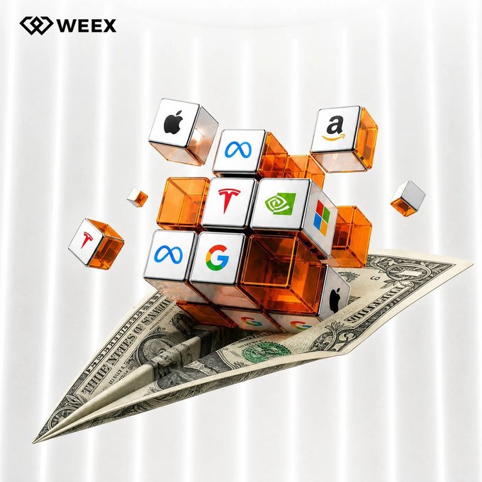 WEEX promotional graphic showing translucent orange and white cubes bearing logos for Apple, Amazon, Tesla, Nvidia, Meta, Google, and Microsoft floating above a folded US dollar bill.