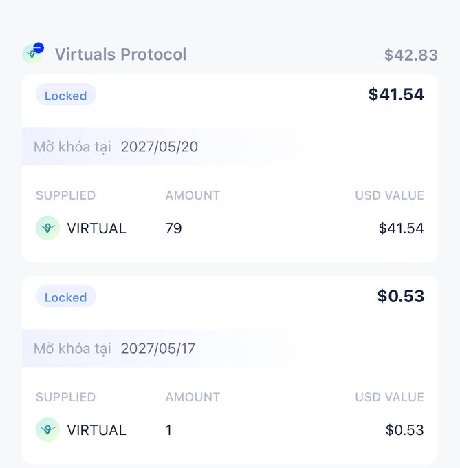 A screenshot of a 'Virtuals Protocol' dashboard showing two locked VIRTUAL token positions: 79 tokens valued at $41.54 unlocking 2027/05/20, and 1 token valued at $0.53 unlocking 2027/05/17.