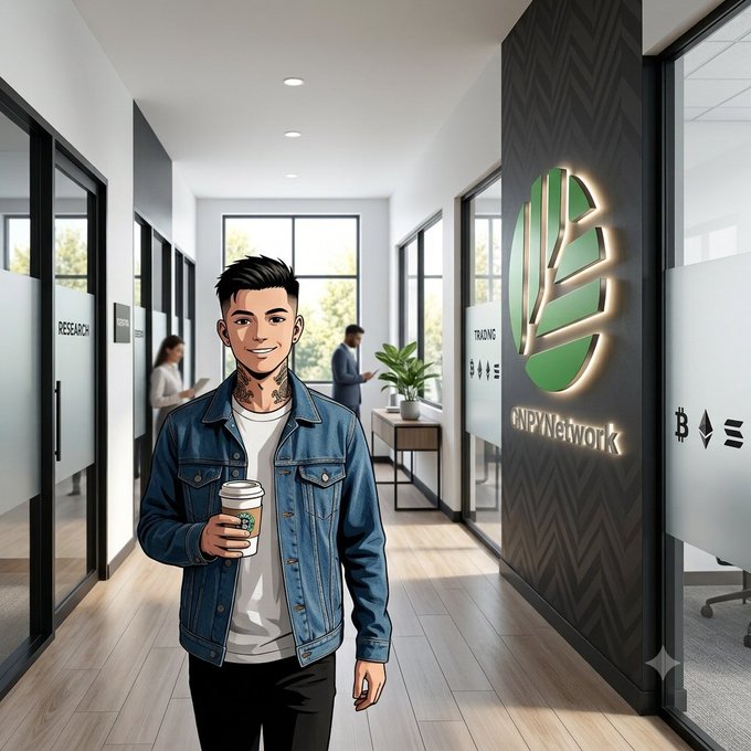 A young man with a denim jacket and Starbucks coffee stands in a modern office hallway, smiling in front of the "CNPY Network" logo displayed on a backlit wall. The image reflects the post's message about Canopy Network's vision to empower anyone to build, launch, and own blockchain applications, showcasing the welcoming, innovative workspace behind the Web3 platform.