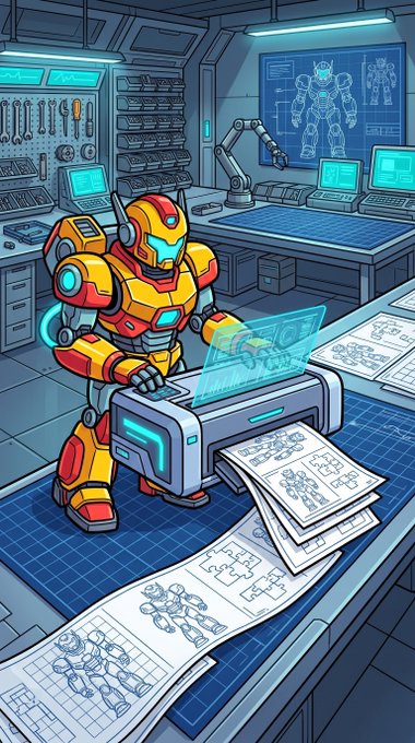 An illustrated orange and red robot works at a high-tech workbench in a futuristic lab, operating a machine that prints out continuous sheets of blueprints showing mecha designs, with holographic screens displaying robot schematics in the background.