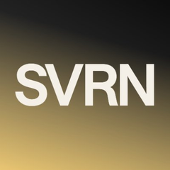 The image displays the bold white text "SVRN" against a gradient background transitioning from black to gold, serving as the ticker symbol graphic for the mentioned Nasdaq-listed company, @svrn_ai ($SVRN), featured in the post about its acquisition of FastNEAR.