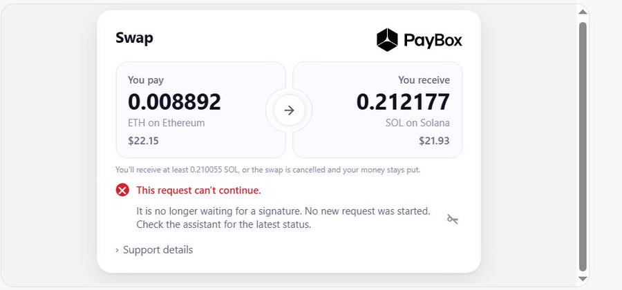 A screenshot of a PayBox swap interface showing an attempted exchange of 0.008892 ETH on Ethereum for 0.212177 SOL on Solana, with a red error message stating 'This request can't continue.'
