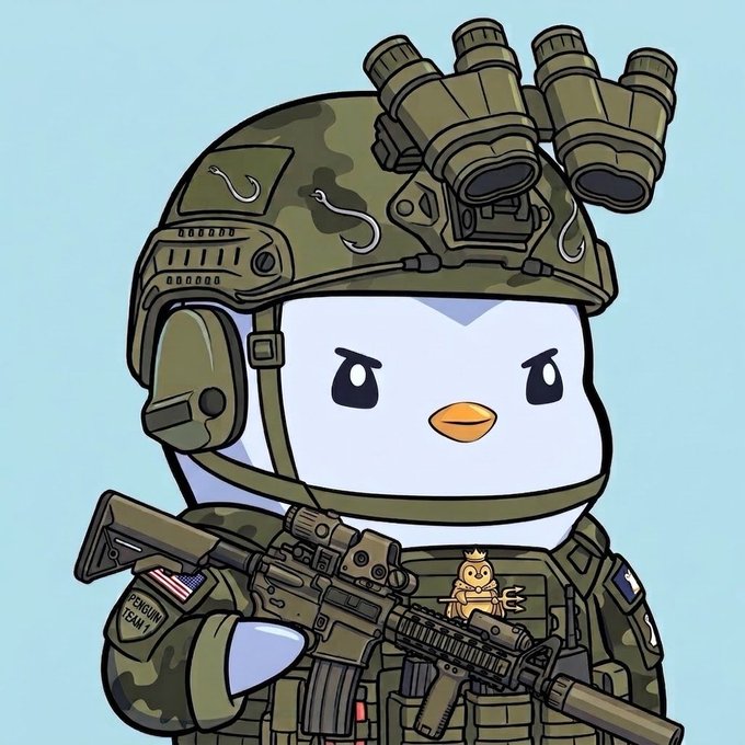 An illustration of a cute penguin character dressed in military tactical gear including a camouflage helmet with night vision goggles, holding an assault rifle with a small chick patch on the vest.
