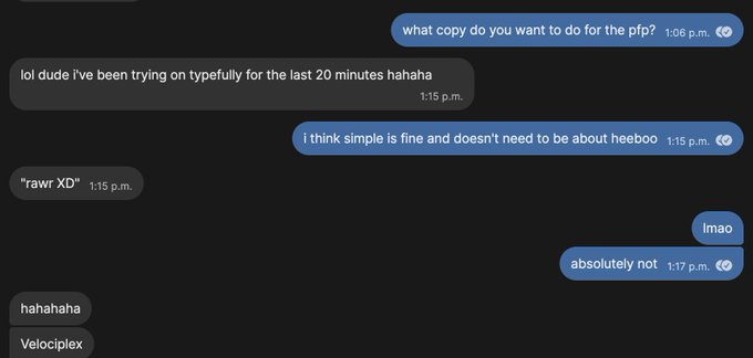 A dark-mode chat conversation with messages including 'what copy do you want to do for the pfp?', 'lol dude i've been trying on typefully for the last 20 minutes hahaha', and 'rawr XD'