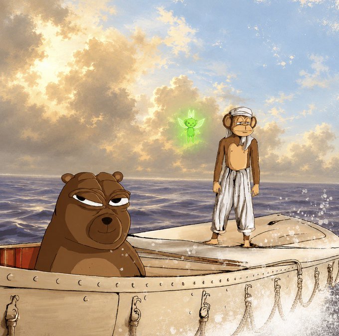 Anthropomorphic bear and monkey characters in traditional Middle Eastern attire stand on a lifeboat at sea, accompanied by a glowing green fairy-like figure. The whimsical illustration ties into the post's request to buy "$BAYLA" tokens, likely referencing the Bayla NFT collection.