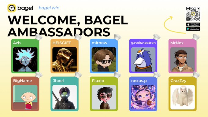 A promotional graphic from Bagel (bagel.win) welcoming their first batch of Global Ambassadors, featuring profile cards for 10 ambassadors including Azb, HEISGIFT, mirnow, gavelsv.patron, MrNex, BigName, Jhoel, Fluxio, nexus.p, and CraZzY, alongside QR codes for App Store and Google Play downloads.